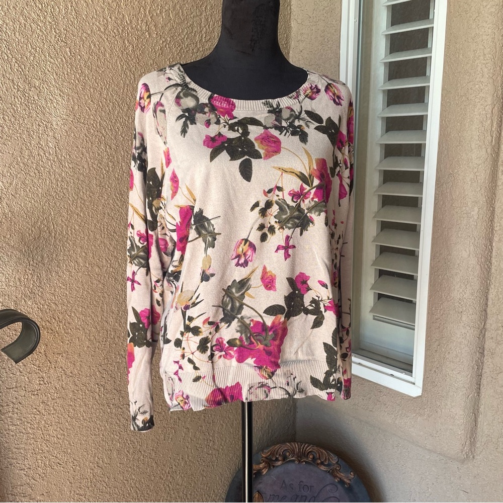Women’s long sleeve pink floral sweater xl ribbed jewel neck
